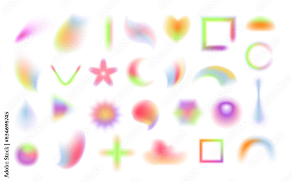 Aufkleber Blurry colorful shapes, realistic illustration collection. Isolated gradient and ombre colors on heart and star, square and circle, cross and blobs. Smooth forms with paints effect