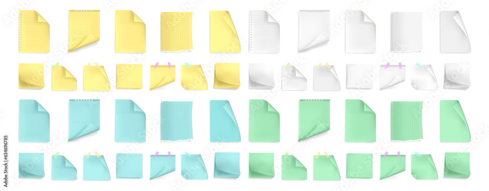 Aufkleber Sticky notes and empty notebook pages, realistic illustration collection. Isolated sheet of paper, clean blanks with curved edges. Flipping and tuning book or scroll, messages memo