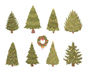 Different Christmas tree set, vector illustration. Cartoon fur trees and New Year wreath, spruces with holiday garland in flat cartoon style. Xmas decorated trees with balls and balloons