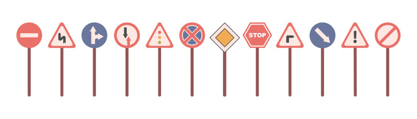 Set of road signs isolated flat cartoon vector illustration. Street traffic symbols, caution and safety sign for highway, warning to stop or change the road, roadside about danger