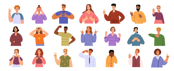 Fototapeta premium Cute people gesture emotion, men and women, surprised, excited and wondered cartoon characters with raised hands and happy faces. Person feeling astonishment, amazed persons set vector illustration