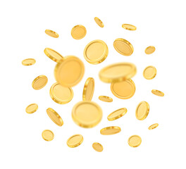 Rain of money empty dollar coins, animation, golden money. Vector dropping stacks, financial assets, side and back, realistic money splash background. Treasure and earnings