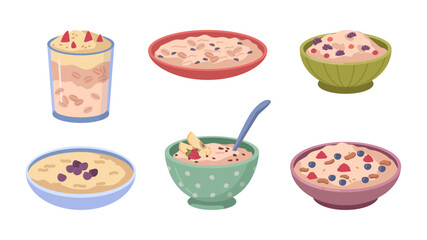 Oatmeal granola porridge with fruits or berries, healthy breakfast. Oat flakes in bowl with nuts and berries with nuts. Nutrition food, grains cartoon vector illustration