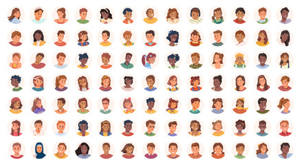 Teens and kids avatar collection. Cute children, boys and girls faces. Portrait avatar icon of children user faces. Girls and boys unknown anonymous person. Happy characters collection, color userpics - obrazy, fototapety, plakaty
