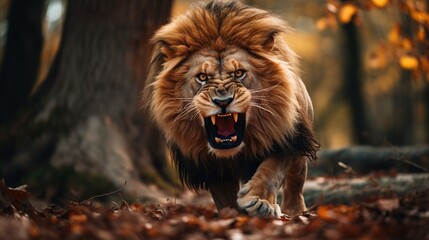 lion angry showing his fangs - obrazy, fototapety, plakaty