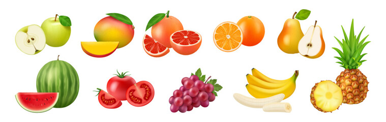 Summer realistic fruits 3D vector illustration set. Apple and mango, grapefruit and orange, pear and watermelon, tomato and grape, banana and pineapple whole and cut healthy vegetarian food