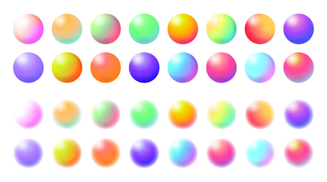 Circles with gradient ombre colors, realistic 3d illustration collection. Isolated samples of color and tints, hues and tones. Circular shapes with vivid and blurred colorful blend