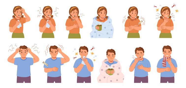 Boys and girls with flu set. Ill sick kid sneezing, coughing. Child with influenza, runny nose, headache, fever, sore throat, illness. Flat vector illustration people with sick symptoms feeling unwell