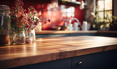 Fototapeta na wymiar Wooden clean table in the kitchen, The sun shines through the window.