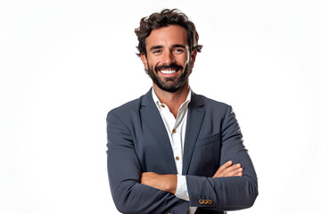 Portrait of smiling businessman with arms crossed isolated in white background. Happy satisfied mature businessman looking at camera