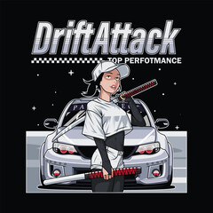 drift attack car vector illustration with samurai woman character, for printing and other uses.