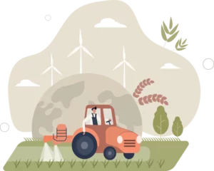 Gordijnen Green revolution and agriculture productivity increase .Grain crops production boost with irrigation, pesticides and fertilizers as effective method.flat vector illustration © Oleg