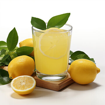 Glass of fresh lemon juice on white background, made by ai