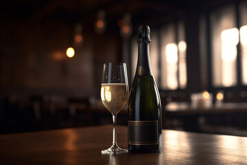 A glass of white wine and a bottle of wine 