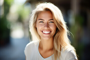 A close-up portrait photo of a lovely blonde woman smiling with flawless white teeth against a city nature background. Utilized for a dental advertisement.

Generative AI.