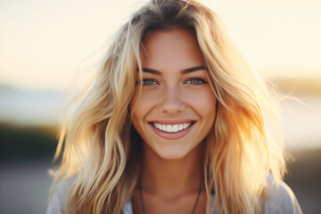 Fototapeta premium A close-up portrait photo of a lovely blonde woman smiling with flawless white teeth against a city nature background. Utilized for a dental advertisement.Generative AI.