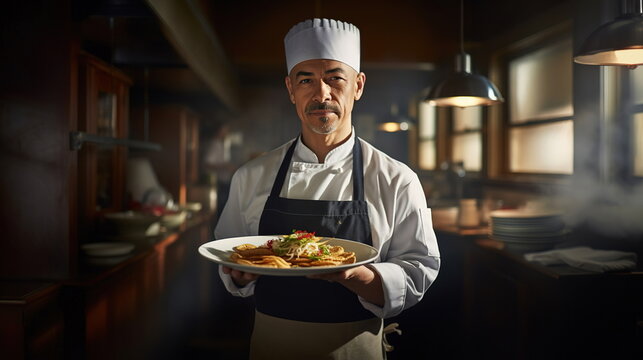 Chef: A skilled chef in a bustling kitchen, wearing a chef's hat and uniform, holding a plate with an artfully arranged dish