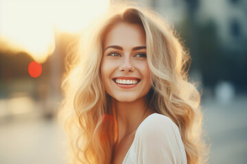 A close-up portrait photo of a lovely blonde woman smiling with flawless white teeth against a city nature background. Utilized for a dental advertisement.

Generative AI.