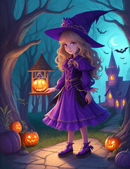 halloween witch with lantern. Generative AI
