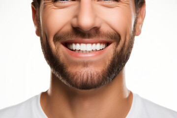 Obraz premium A close-up portrait of an attractive man showcasing a bright smile with pristine teeth, utilized for a dental advertisement. The individual features a modern, stylish haircut and beard Generative AI