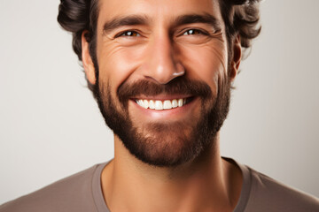 Obraz premium A close-up portrait of an attractive man showcasing a bright smile with pristine teeth, utilized for a dental advertisement. The individual features a modern, stylish haircut and beard Generative AI