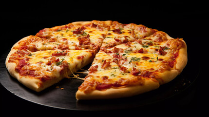 delicious pizza, composed with mozzarella cheese, American cheese, meat, red sauce, with three difference cheese as toppings