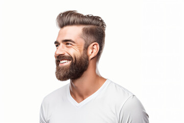 Fototapeta premium A close-up portrait of an attractive man showcasing a bright smile with pristine teeth, utilized for a dental advertisement. The individual features a modern, stylish haircut and beard Generative AI