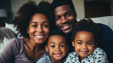 Obraz premium picture of a happy young African American family with little children sitting lounging on the sofa, cuddling lying down,