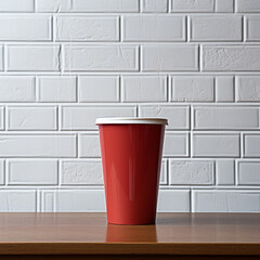 Red cup on table against white brick wall background, made by ai