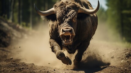 angry bull showing his fangs - obrazy, fototapety, plakaty