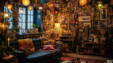 Living room with intricate doodle art decor