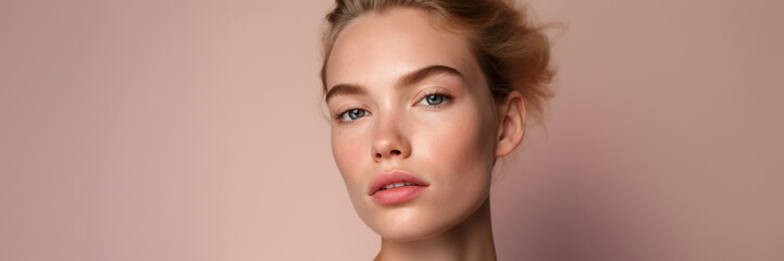 Obraz premium Close-up beauty portrait of a young woman with freckles on a peach-colored background