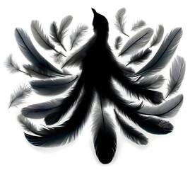 Dark bird with spread wings, silhouetted by arranged feathers, white background
