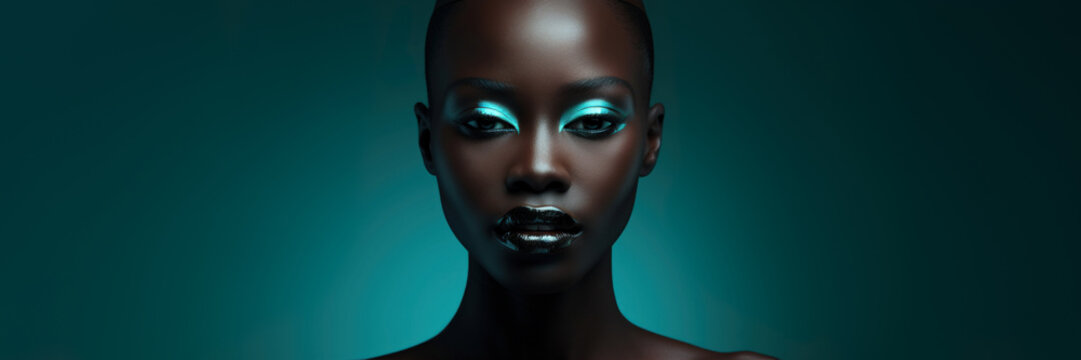 Close-up beauty portrait of a young African American woman on a green backdrop
