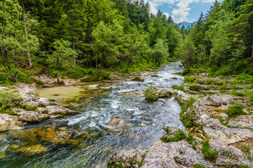 A view down rocky riverbed of the lower reaches of the Mostnica river in the Mostnica gorge in Slovenia in summertime
