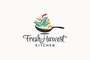 fresh harvest kitchen logo with a combination of a wok, vegetables, and beautiful lettering. Great for fresh food business, restaurant, catering, etc.