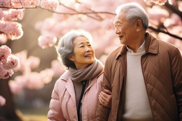 Obraz premium Happy senior asian couple walking a blossoming sakura