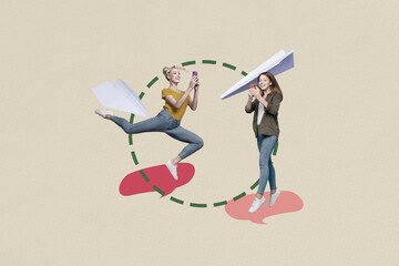 Sketch poster collage artwork of cheerful charming sisters chatting messengers typing sms fast delivery isolated on drawing background