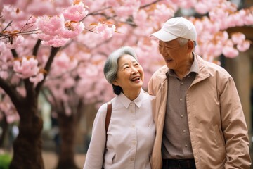 Fototapeta premium Happy senior asian couple walking a blossoming sakura
