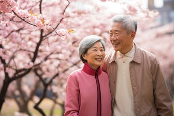 Happy senior asian couple walking a blossoming sakura
