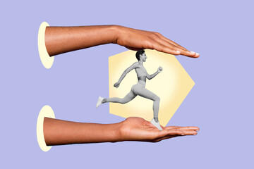 Template collage image advertisement sale sports clothes sale motivation coach woman running marathon cardio isolated on drawn background