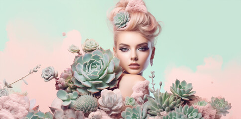 fashion digital collage of a trendy model blonde girl posing on camera on floral pink and green succulent plants mood background, wallpaper network use