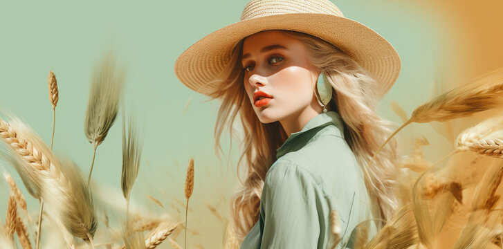 fashion blonde  girl posing alone on  wheat field, trendy dressed autumn mood, green and yellow gold palette, banner wallpaper concept theme