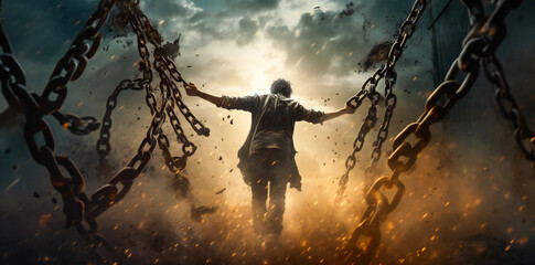 A man breaking his chains. Concept of breaking free of constrains, liberation and freedom.