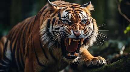 angry tiger showing his fangs - obrazy, fototapety, plakaty