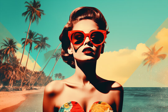 pop art collage of a brunette model girl with big  sunglasses on a palm tree summer beach vibe background, colorful abstract  holidays theme concept