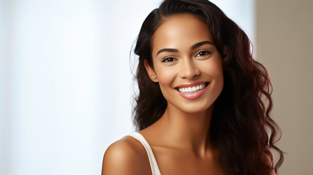  A close-up portrait of a stunning young Asian-Indian woman, smiling with pristine teeth. Used for a dental advertisement. Set against a white background. Composed using the rule of thirds. Gen. AI