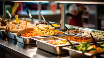 A tray bearing a colorful school lunch is placed on a cafeteria table - obrazy, fototapety, plakaty