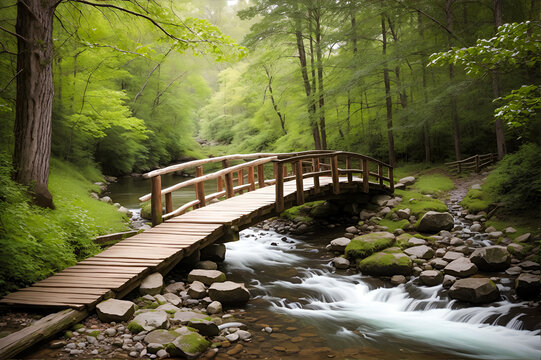 Rustic wooden bridge over a babbling brook -- wooden bridge, babbling brook, nature, peaceful, scenic, serene, landscape