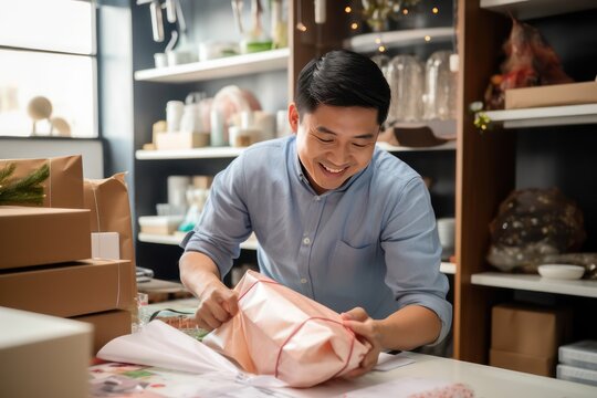 Asian man wrapping purchase while working in shop